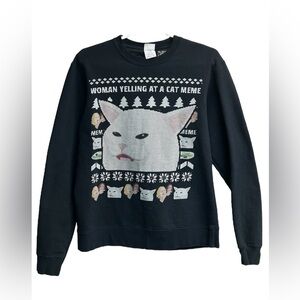 Port & Company Fan Favorite Woman Yelling At A Cat Meme Black Sweater Women Sz M